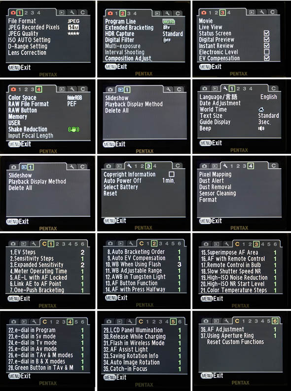 K7 menu screen
