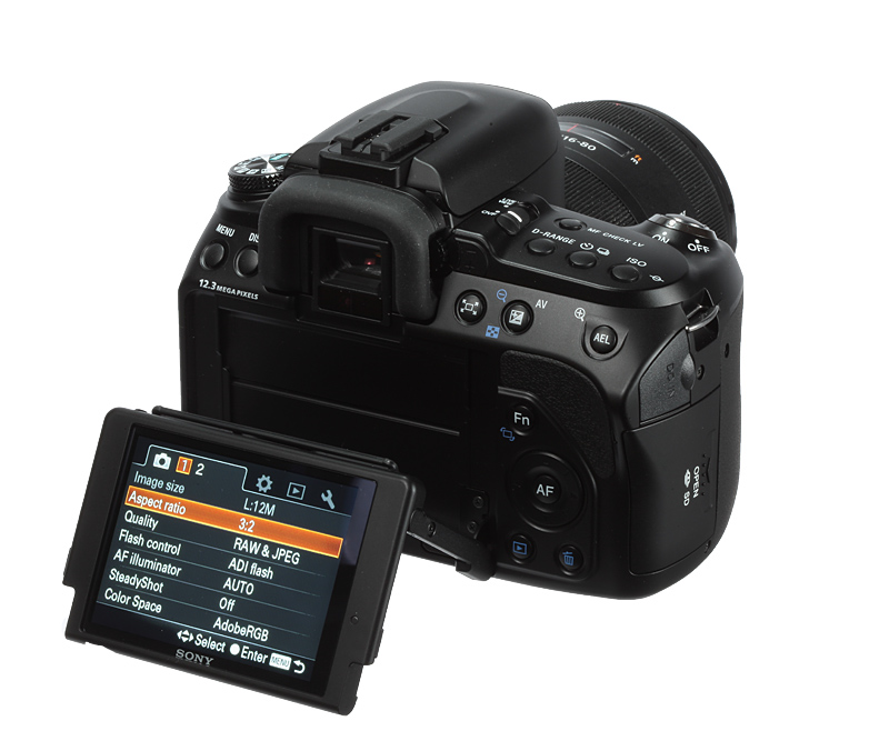 Sony Alpha a500 product shot rear screen tilt angle