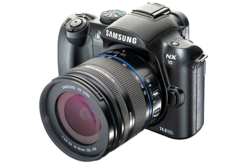 Samsung NX10 product image shot front side with 18-55mm OIS kit lens